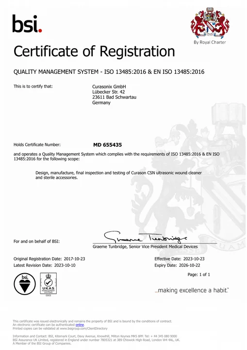 Erste Seite des BSI-Zertifikats ISO 13485:2016 für die Curasonix GmbH